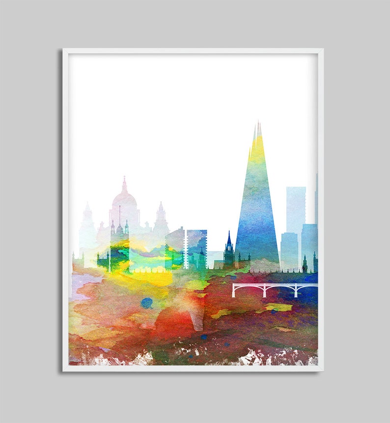 May include: Watercolor painting of the London skyline, featuring the Shard, Big Ben, and other iconic buildings. The painting is done in a vibrant palette of blues, greens, yellows, and reds.