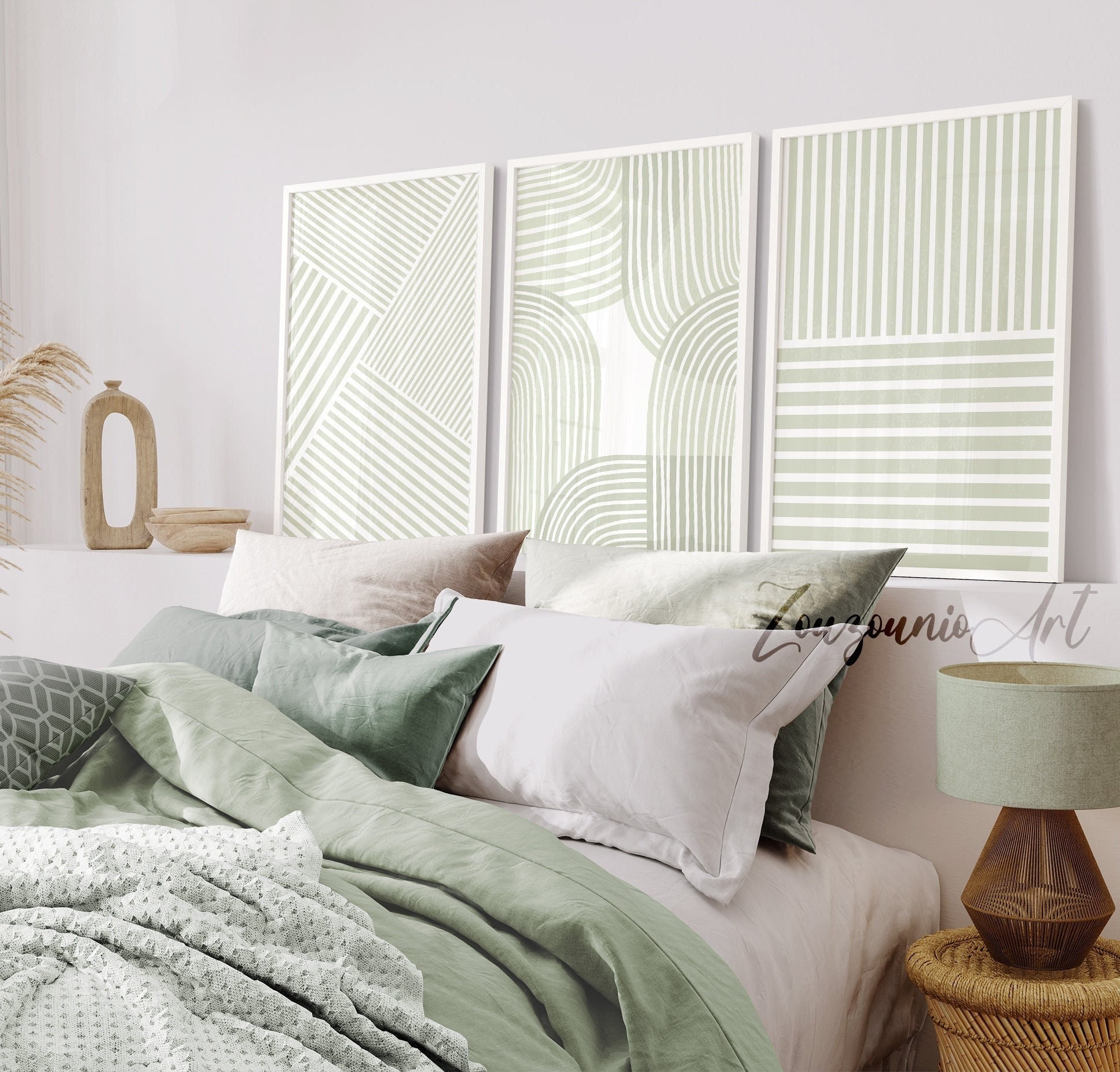 AWFTSTL Set Di 3 Stampe Su Tela Verde Salvia | Quadri Astratti Bohémien | Decorazione Da Parete Per Soggiorno, Camera Da Letto, Bagno | Arte Moderna Con Foglie