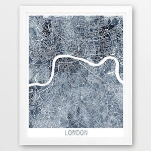 Cartaz do mapa urbano da cidade de Londres, impressão de rua de Londres, mapa em aquarela cinza índigo Londres Inglaterra, arte de parede moderna, decoração para casa, arte para impressão