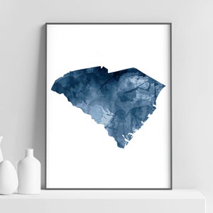 Impression de carte de l'État de Caroline du Sud, carte bleu marine aquarelle silhouette de la Caroline du Sud, art mural moderne, affiche de l'État des États-Unis, décoration d'intérieur imprimable
