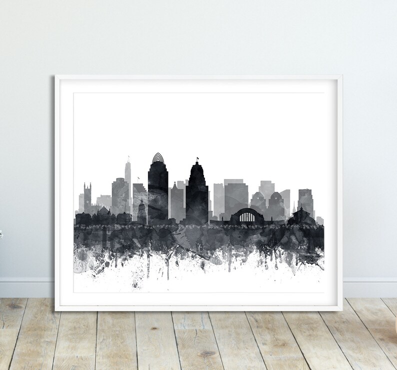 Cincinnati Skyline Print, Cincinnati City Wall Art, Cincinnati Ohio, Watercolor Grey Black White, Modern Home Decor, Travel, Printable Art image 2