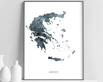 Greece Map Print, Greece Watercolor Map Poster, Greece Wall Art, Greece Watercolor Indigo Blue, Home Decor, Travel, Digital Printable Art