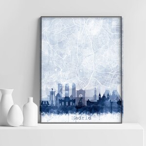 Madrid Map Skyline Print, Cityscape Street Map Print, Abstract Watercolor Navy Blue, Modern Wall Art, Home Office Decor, Digital Printable