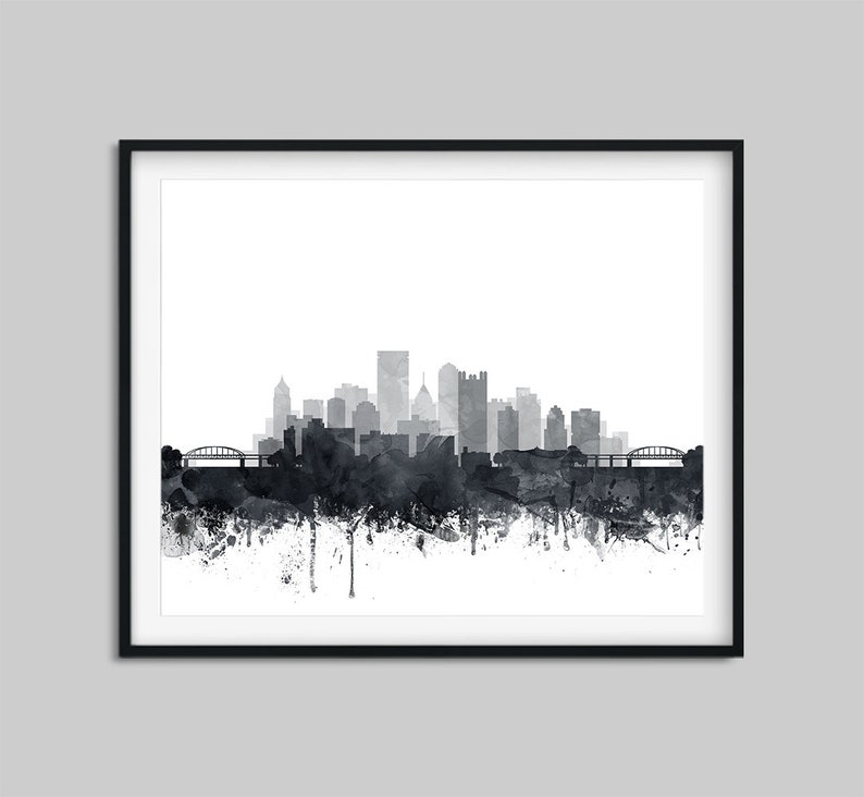 Pittsburgh Skyline Print, Pittsburgh Wall Art, Pennsylvania, Watercolor Grey Black White Poster, Modern Home Decor, Travel, Printable Art image 4