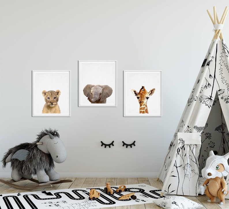 Safari Nursery Wall Art, Baby Animals Set of 3, Lion Elephant Giraffe ...