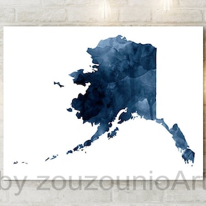 Impression de carte de l'état de l'Alaska, silhouette de carte de l'Alaska aquarelle bleu marine, art mural moderne, affiche de l'état des Etats-Unis, décoration de bureau à domicile, oeuvre d'art imprimable