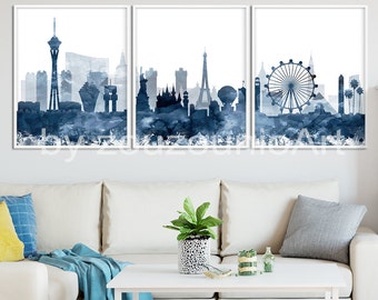 Las Vegas Skyline Print, Navy Blue Watercolor Las Vegas Set of 3, Las Vegas Triptych Poster, Modern Wall Art, Instant Download Printable Art