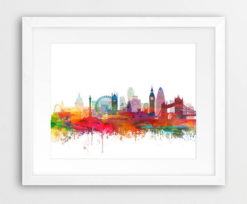 Puede incluir: Una pintura de acuarela del horizonte de Londres, con monumentos emblem&aacute;ticos como el London Eye, el Big Ben y el Tower Bridge. La ciudad se representa en colores vibrantes, con salpicaduras de rojo, naranja, amarillo, verde y azul.