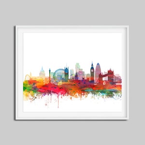 Puede incluir: Una pintura de acuarela del horizonte de Londres, que presenta monumentos emblem&aacute;ticos como el Big Ben, el London Eye y el Tower Bridge. La ciudad se representa en colores vibrantes, con salpicaduras de rojo, naranja, amarillo, verde y azul.