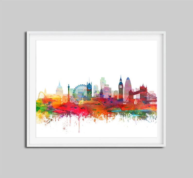 Puede incluir: Una pintura de acuarela del horizonte de Londres, que presenta monumentos emblem&aacute;ticos como el Big Ben, el London Eye y el Tower Bridge. La ciudad se representa en colores vibrantes, con salpicaduras de rojo, naranja, amarillo, verde y azul.