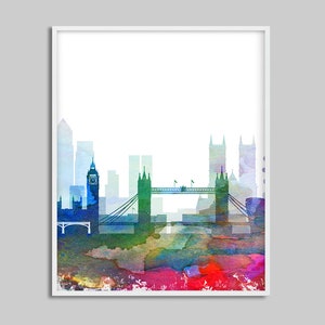 May include: A watercolor painting of the London skyline, featuring the Tower Bridge, Big Ben, and other iconic landmarks. The painting is done in a vibrant palette of blues, greens, and reds, with a white background.