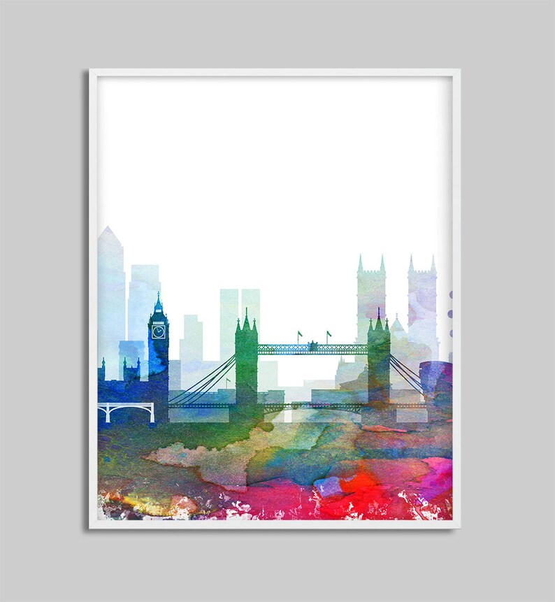 May include: A watercolor painting of the London skyline, featuring the Tower Bridge, Big Ben, and other iconic landmarks. The painting is done in a vibrant palette of blues, greens, and reds, with a white background.