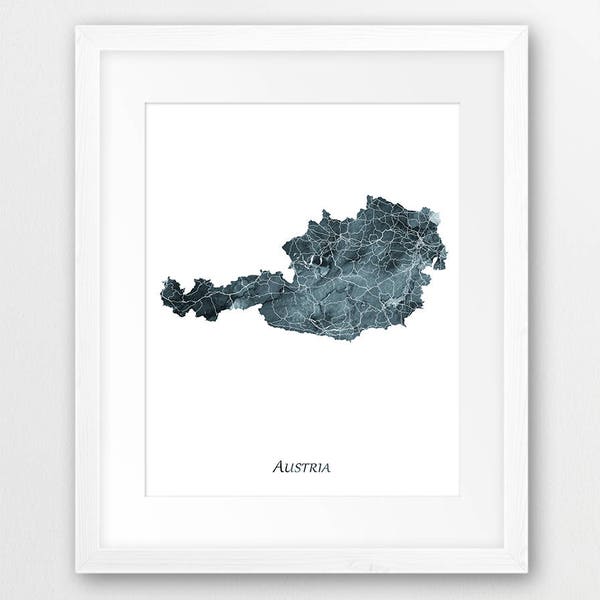 Austria Map Print, Austria Poster Map, Austria Wall Art, Austria Watercolor Blue Grey Indigo, Home Office Decor, Travel Poster Printable Art