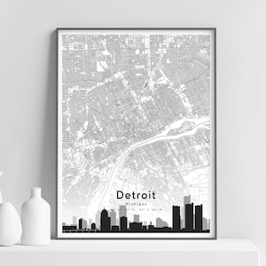 Detroit Map Print, Detroit Skyline & Street Map Art Poster, Detroit Michigan, Black White, Modern Wall Art, Home Office Decor, Printable Art