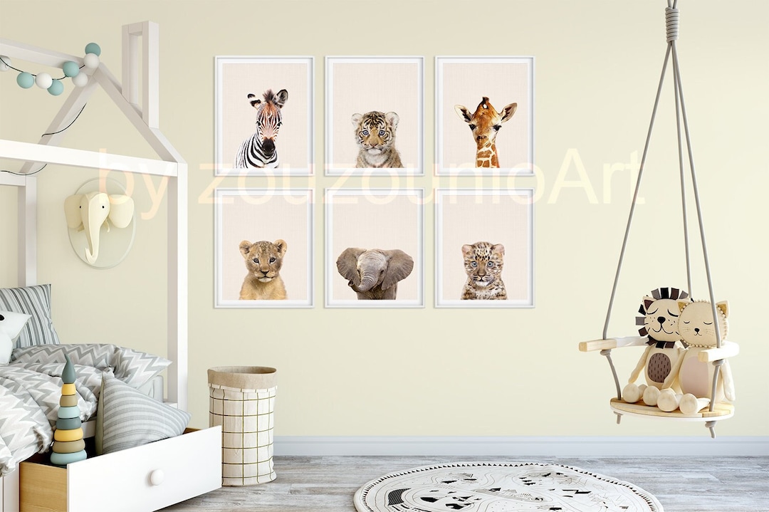 Safari Baby Animals Set of 6, Nursery Animals Wall Art, Giraffe ...