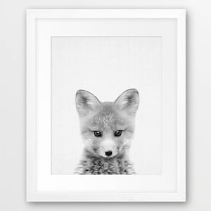Fox Print, Fox Pup Cub Kit, Woodland Nursery Wall Art, Fox Photo, Black And White Animal Print, Cute Baby Fox, Kids Room Decor Printable Art