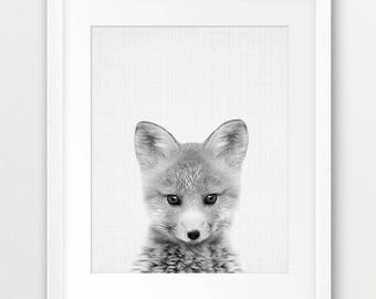 Fox Print, Fox Pup Cub Kit, Woodland Nursery Wall Art, Fox Photo, Black And White Animal Print, Cute Baby Fox, Kids Room Decor Printable Art