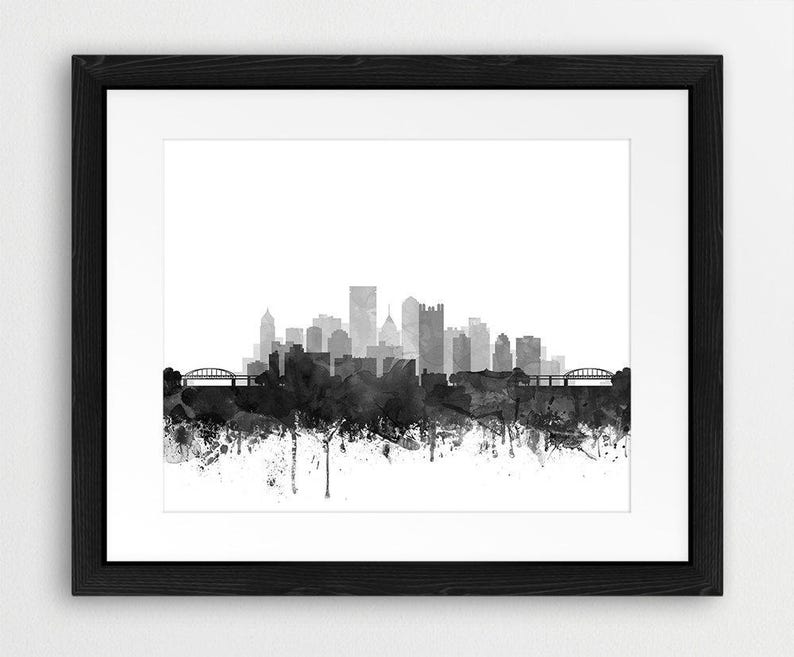 Pittsburgh Skyline Print, Pittsburgh Wall Art, Pennsylvania, Watercolor Grey Black White Poster, Modern Home Decor, Travel, Printable Art image 6