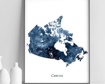 Canada Map Print, Canada Map Watercolor Navy Blue Art Poster, Country Road Map, Abstract, Modern Wall Art, Home Office Decor, Printable Art