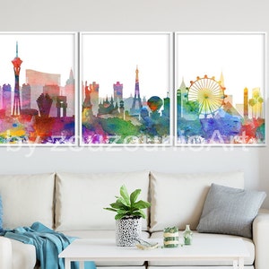 Las Vegas Skyline Druck, abstrakte Aquarell Las Vegas Set von 3, Las Vegas Triptychon Poster, moderne Wandkunst, instant Download druckbare Kunst