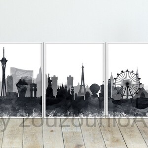 Las Vegas Skyline Print, Las Vegas Set of 3, Las Vegas Triptych Art Poster, Black White Watercolor, Modern Wall Art, Home Decor Printable