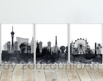 Las Vegas Skyline Print, Las Vegas Set of 3, Las Vegas Triptych Art Poster, Black White Watercolor, Modern Wall Art, Home Decor Printable