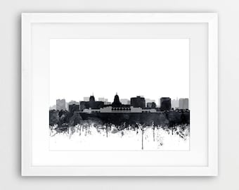 Madison  Skyline Print, Madison Watercolor Grey Black White, Madison Wisconsin Cityscape, Modern Wall Art, Home Decor, Travel Printable Art