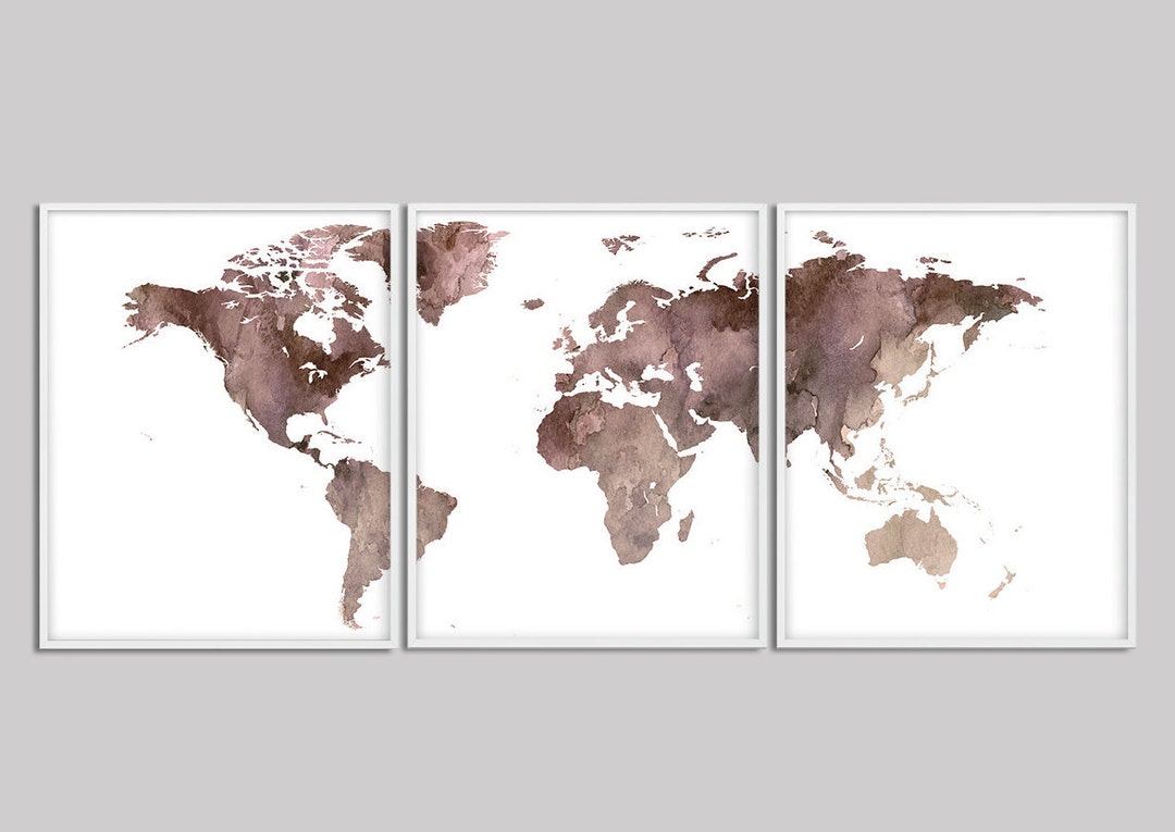 World Map Watercolor Prints, World Map Set of 3, Watercolor Taupe ...