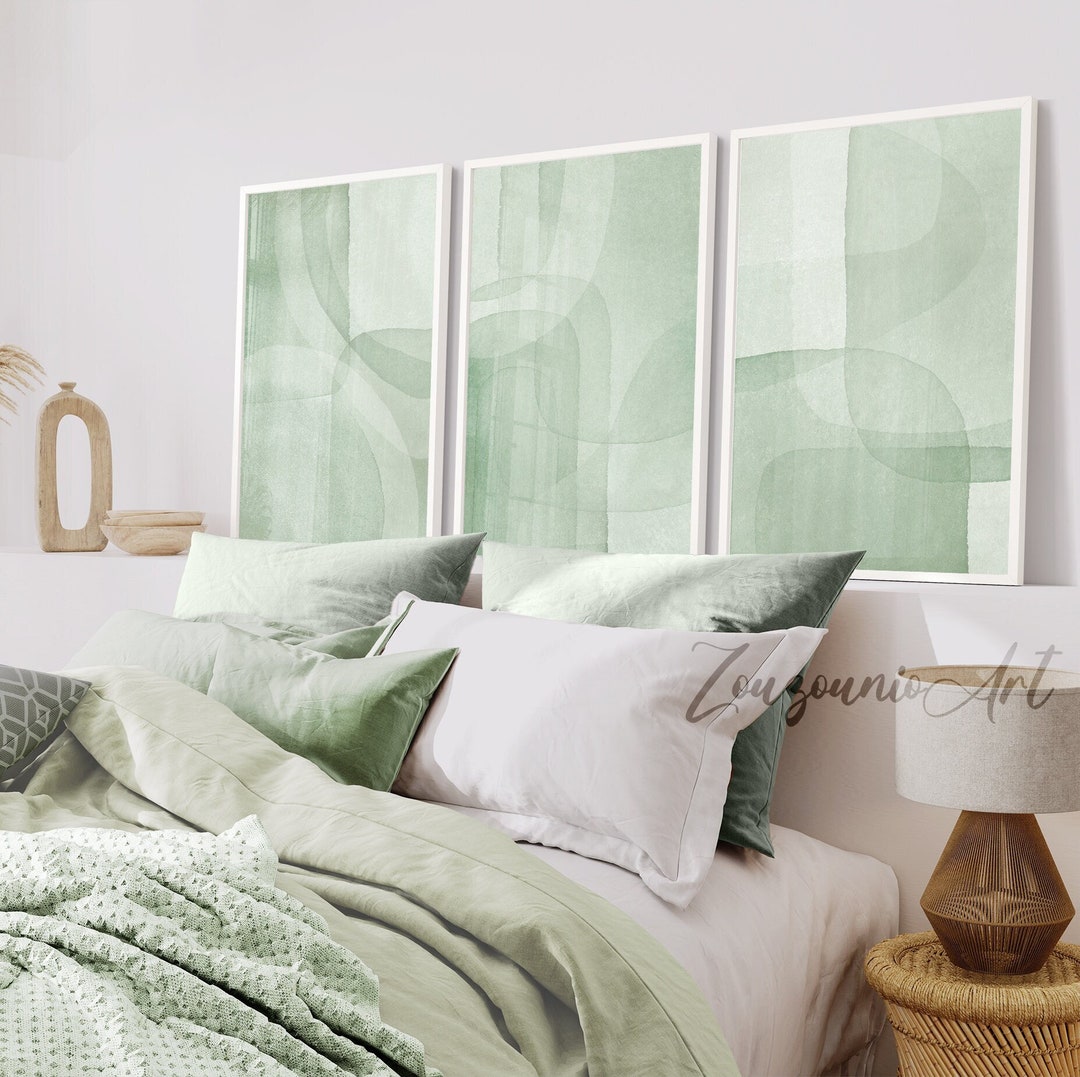 Sage Green Wall Art Prints, Abstract Watercolor Set 3 Prints, Green ...