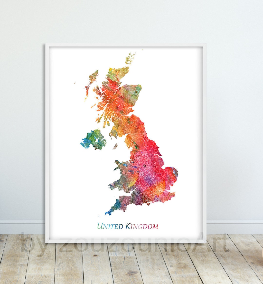 Great Britain Map Print, United Kingdom Map Abstract Watercolor ...