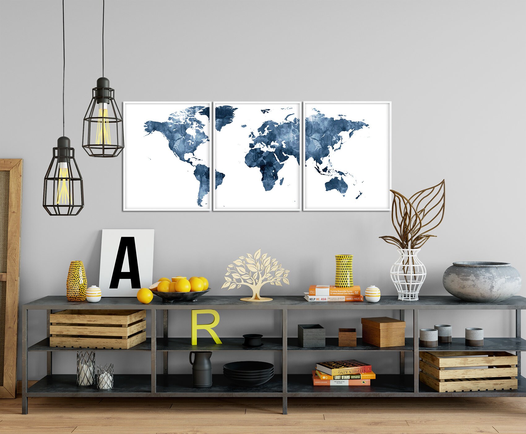 World Map Watercolor Print, World Map Set of 3, Watercolor Navy Blue ...