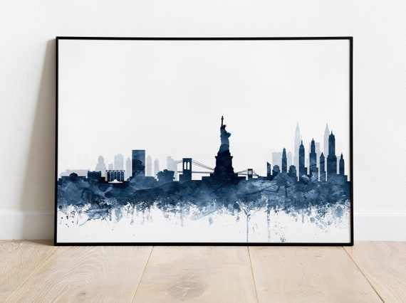 New York Print, New York City Skyline, New York Wall Art, Navy Blue White Watercolor NYC, Modern Wall Art, Home Office Decor, Printable Art