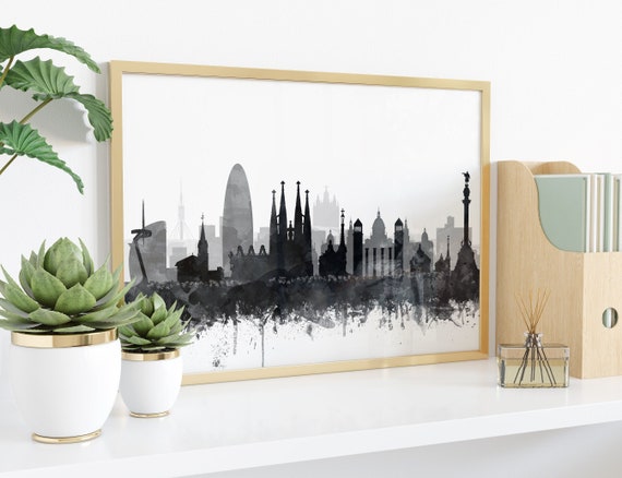 Barcelona Cityscape Art Print, Barcelona Skyline Wall Art Poster, Watercolor Black White Gray Barcelona Spain, Home Office Decor Printable