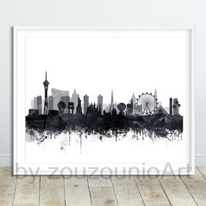 Las Vegas Skyline Art Print, Las Vegas Watercolor Black White Poster, Nevada Cityscape, Modern Wall Art, Home Office Decor, Printable Art