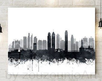 Philadelphia Skyline Druck, Philadelphia Pennsylvania Aquarell Schwarz Weiß Kunst Poster, moderne Wandkunst, Haus Büro Dekor, druckbare Kunst