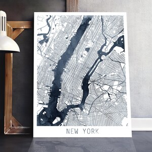 Impresión de mapas urbanos de la ciudad de Nueva York, cartel de la calle de Nueva York, blanco gris índigo de acuarela de Nueva York, arte moderno de la pared, decoración del hogar, arte imprimible