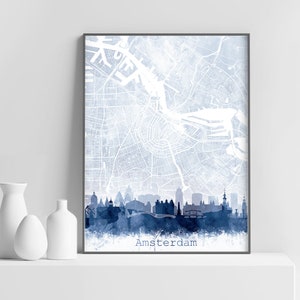 Amsterdam Druck, Amsterdam Skyline Karte, Stadtplan Karte Drucken, MarineBlau Abstraktes Aquarell, moderne Wandkunst, Home Office Dekor, printable
