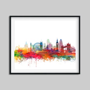 Puede incluir: Una pintura de acuarela del horizonte de Londres, con monumentos emblem&aacute;ticos como el Big Ben, el London Eye y el Tower Bridge. La ciudad se representa en colores vibrantes, con salpicaduras de rojo, naranja, amarillo, verde y azul.