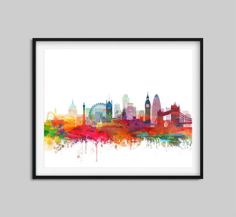 Puede incluir: Una pintura de acuarela del horizonte de Londres, con monumentos emblem&aacute;ticos como el Big Ben, el London Eye y el Tower Bridge. La ciudad se representa en colores vibrantes, con salpicaduras de rojo, naranja, amarillo, verde y azul.
