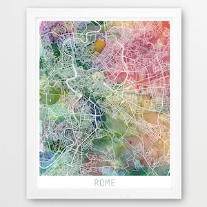 Poster con mappa urbana della città di Roma, stampa della mappa stradale di Roma, acquerello carta di Roma, Italia, arte da parete moderna, arredamento per la casa, regalo poster di viaggio, arte stampabile