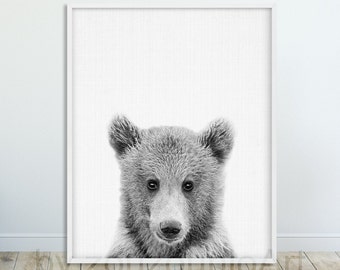 Bear Wall Art Print, Bear Cub Art Poster, Woodlands Nursery Decor, Black White Animal Print, Kids Room Decor, Nursery Animals, Printable Art
