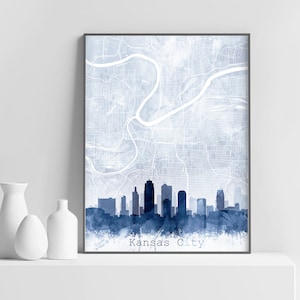 Kansas Stadt Karte Skyline Druck, Stadtlandschaft Straßen karte, Abstraktes Aquarell Marineblau, Moderne Wandkunst, Home Office Dekor Digitale Druckbare Kunst