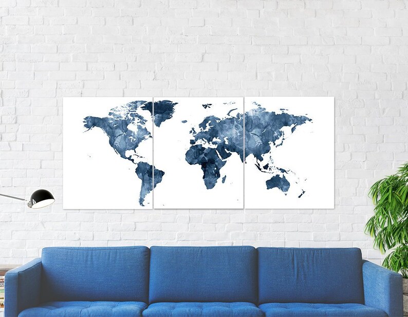 World Map Watercolor Print, World Map Set of 3, Watercolor Navy Blue ...