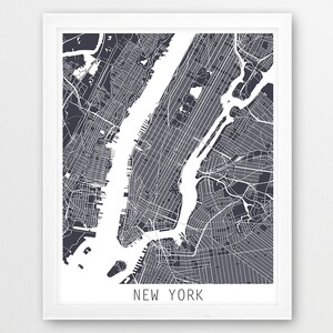 Cartel del mapa urbano de la ciudad de Nueva York, impresión del mapa de calles de la ciudad de Nueva York, ciudad gris de Nueva York, mapa de Nueva York, decoración moderna de la oficina del hogar del arte de la pared, arte imprimible