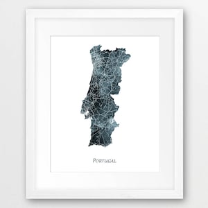 Portugal Map Print, Portugal Watercolor Print, Portugal Wall Art, Portugal Map Watercolor Blue Grey Indigo, Home Decor, Travel Printable Art