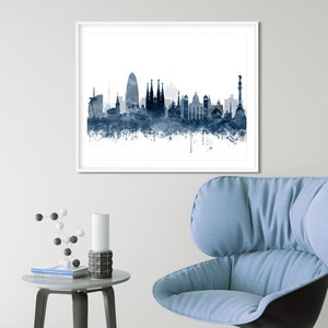 Barcelona Print, Barcelona Skyline Wall Decor, Watercolor Cityscape Barcelona Spain Poster, Navy Blue White, Home Office Decor Printable Art image 3