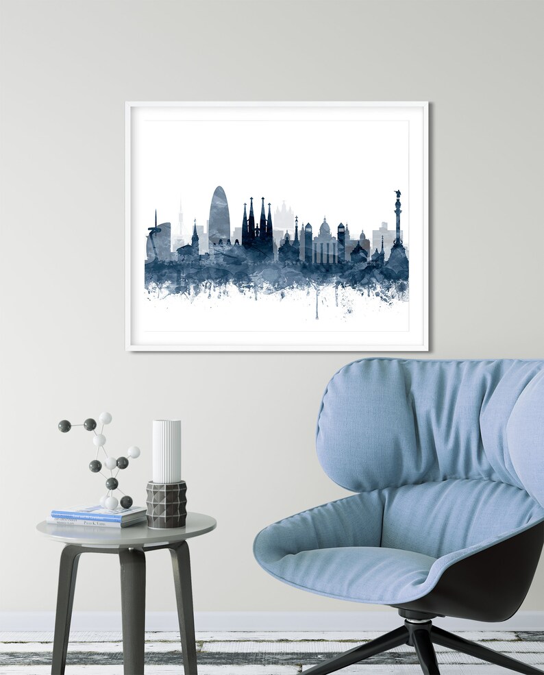 Barcelona Print, Barcelona Skyline Wall Decor, Watercolor Cityscape Barcelona Spain Poster, Navy Blue White, Home Office Decor Printable Art image 3