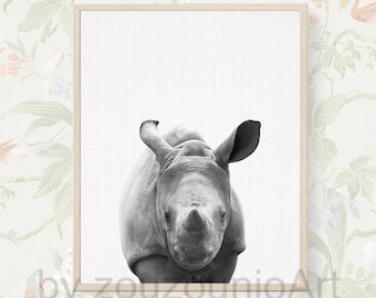 Rhino Print, Baby Rhino Print, Nursery Animal Wall Art, Safari African Animals, Black And White Animal Print, Kids Room Decor, Printable Art