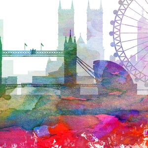 May include: Watercolor painting of the London skyline, featuring the London Eye, Big Ben, and Tower Bridge. The painting is done in shades of blue, green, pink, and red.