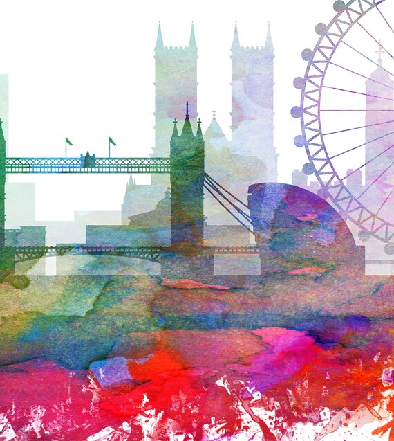 ロンドンのスカイライン プリント 3 枚セット、ロンドン三連画水彩画